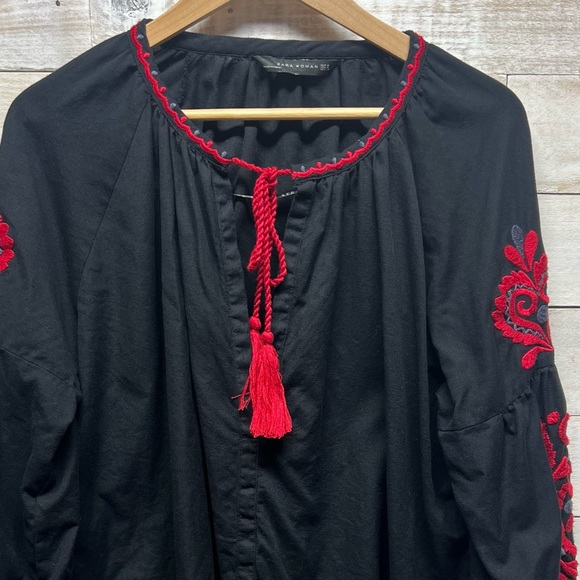 Zara Womens Embroidered Tassel Top Red Black Long Sleeve Floral Size Medium - Picture 3 of 13